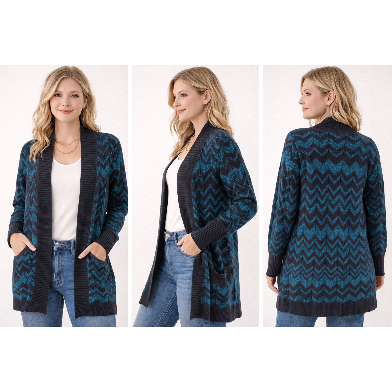 Missoni For Target Blue Zigzag Knit Open Front Longline Cardigan Sweater Pockets